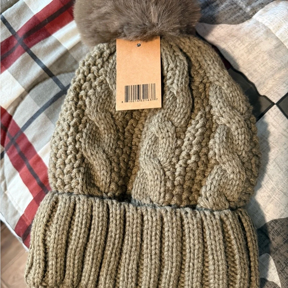 UGG Tan Cable Knit Beanie with Pom